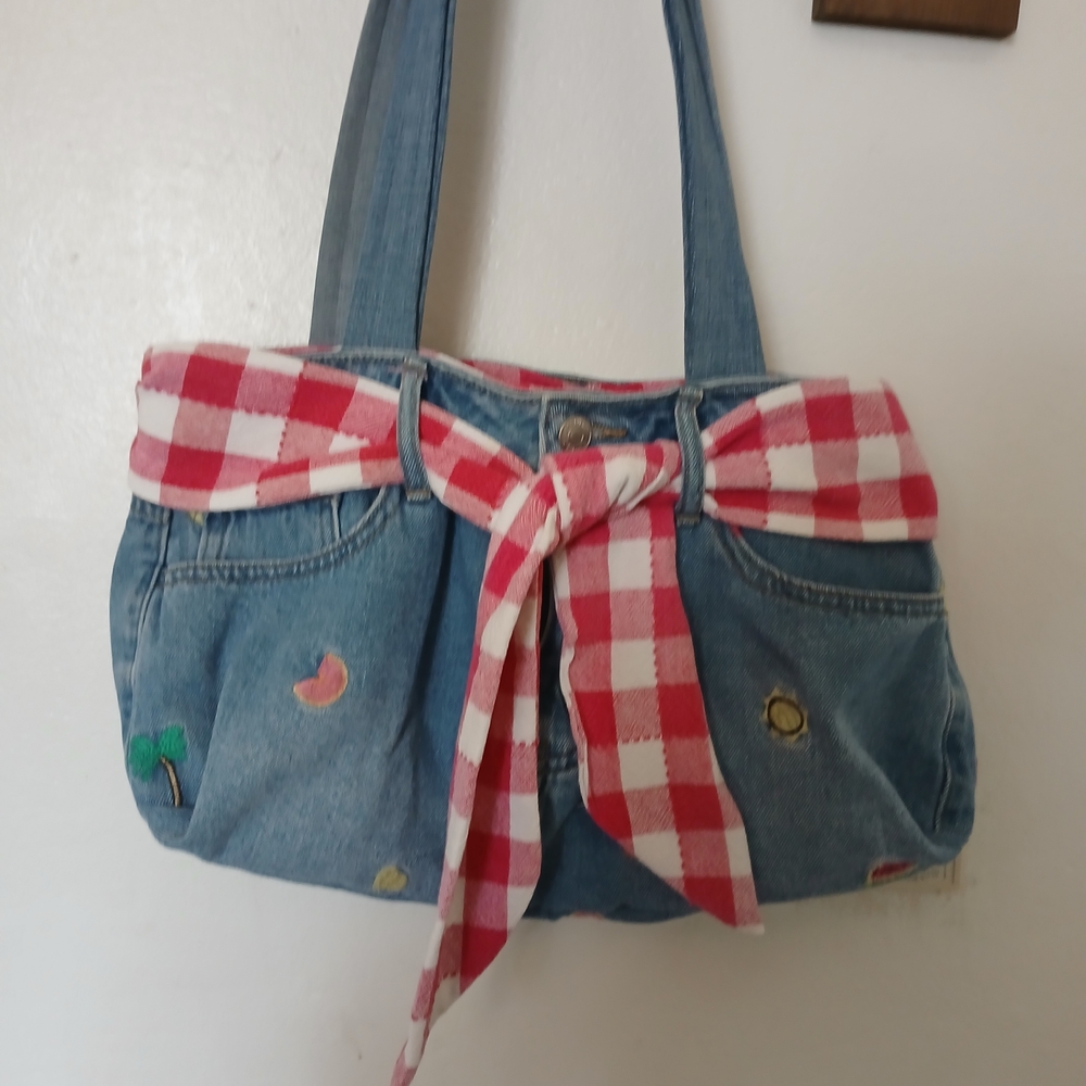 Denim Shoulder Bag with Red Checkered Accent